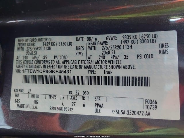 1FTEW1CP8GKF45431 Ford F-150 Lariat
