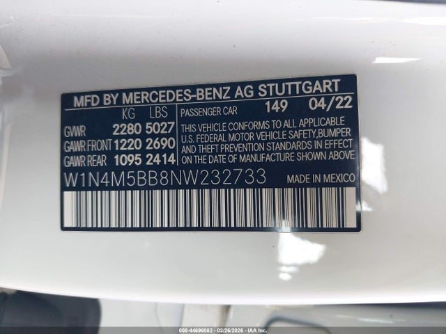 44696082 :رقم المزاد ، W1N4M5BB8NW232733 vin ، 2022 Mercedes-benz Amg Glb 35 4matic مزاد بيع