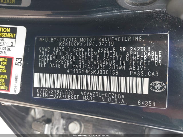 4T1B61HK5KU830158 Toyota CAMRY XSE