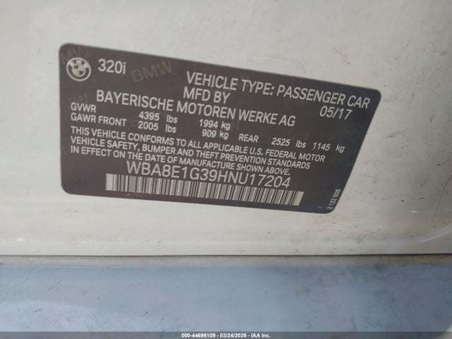 Aukcja sprzedaży 2017 Bmw 320i, vin: WBA8E1G39HNU17204, numer aukcji: 44696109