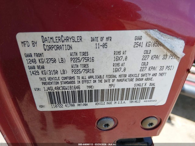 Продажа на аукционе авто 2006 Jeep Liberty Sport, vin: 1J4GL48K36W181646, номер лота: 44696113