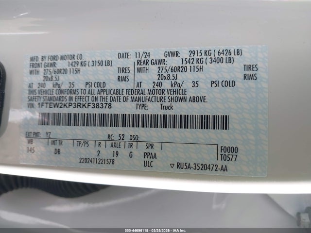 Продажа на аукционе авто 2024 Ford F-150 Stx, vin: 1FTEW2KP3RKF38378, номер лота: 44696115