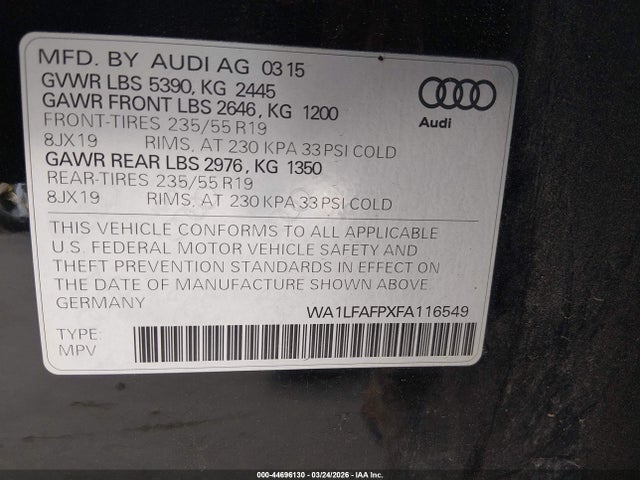 Продаж на аукціоні авто 2015 Audi Q5 2.0t Premium, vin: WA1LFAFPXFA116549, номер лоту: 44696130