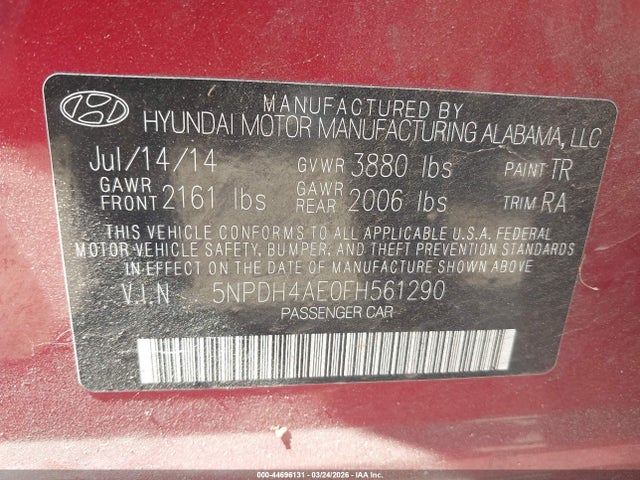Hyundai ELANTRA SE 2015 5NPDH4AE0FH561290 Image 9