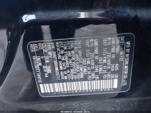 JN8BT3BB6NW335711 Nissan Rogue Sv Intelligent Awd