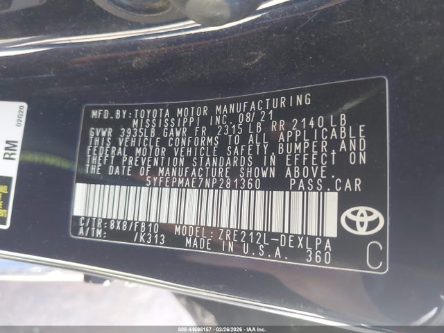 Aukcja sprzedaży 2022 Toyota Corolla Le, vin: 5YFEPMAE7NP281360, numer aukcji: 44696157