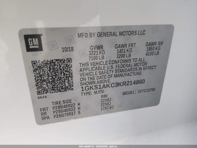 44696170 :رقم المزاد ، 1GKS1AKC3KR214860 vin ، 2019 Gmc Yukon Sle مزاد بيع