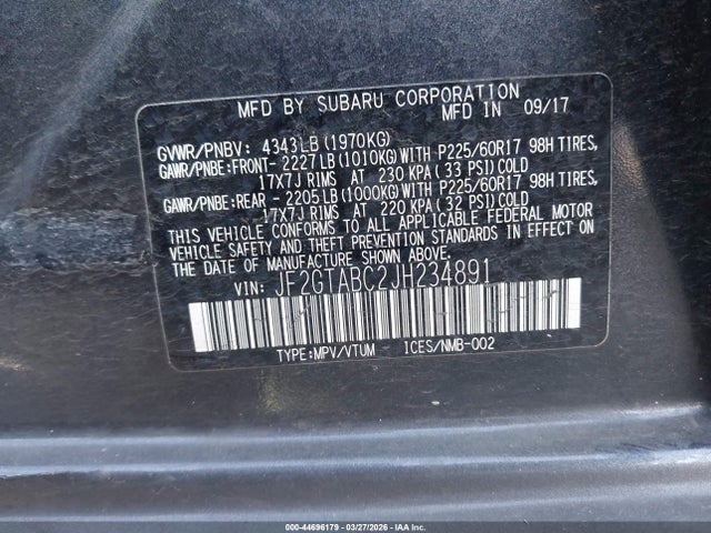2018 Subaru Crosstrek 2.0i Premium მანქანა იყიდება აუქციონზე, vin: JF2GTABC2JH234891, აუქციონის ნომერი: 44696179
