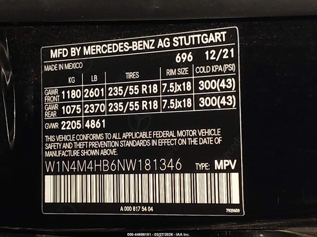Aukcja sprzedaży 2022 Mercedes-benz Glb 250 4matic, vin: W1N4M4HB6NW181346, numer aukcji: 44696181