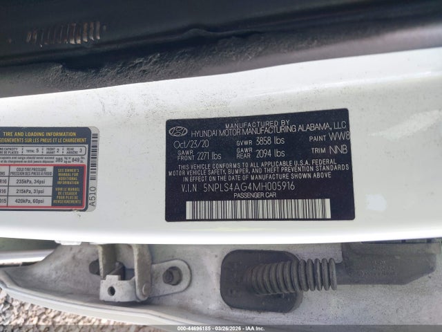 Aukcja sprzedaży 2021 Hyundai Elantra Sel, vin: 5NPLS4AG4MH005916, numer aukcji: 44696185