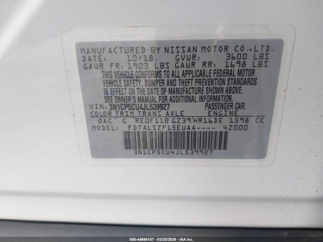 Aukcja sprzedaży 2018 Nissan Kicks Sv, vin: 3N1CP5CU4JL539927, numer aukcji: 44696187