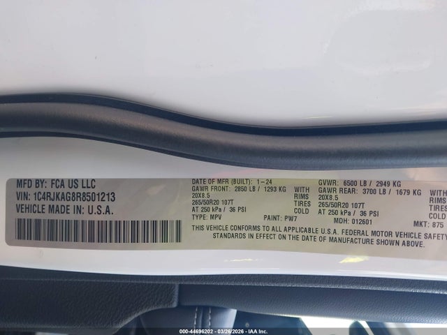 Aukcja sprzedaży 2024 Jeep Grand Cherokee L Altitude X 4x4, vin: 1C4RJKAG8R8501213, numer aukcji: 44696202
