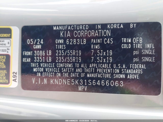 Aukcja sprzedaży 2025 Kia Carnival Mpv Sx, vin: KNDNE5K31S6466063, numer aukcji: 44696225