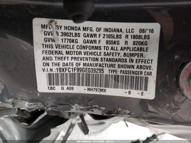 Продаж на аукціоні авто 2016 Honda Civic Touring, vin: 19XFC1F99GE039295, номер лоту: 44696244