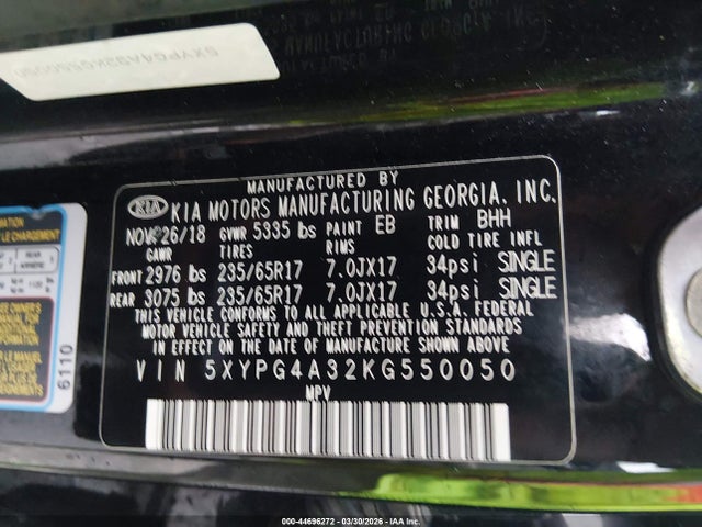 2019 Kia Sorento 2.4l Lx მანქანა იყიდება აუქციონზე, vin: 5XYPG4A32KG550050, აუქციონის ნომერი: 44696272