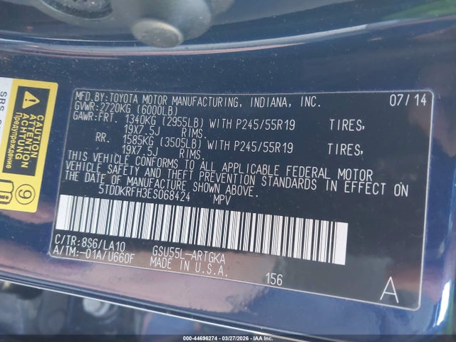 Toyota Highlander Limited V6 2014 5TDDKRFH3ES068424 Image 9
