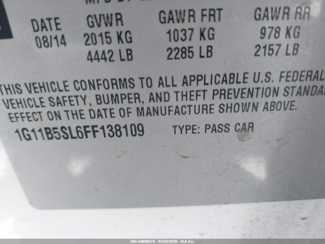 2015 Chevrolet Malibu Ls მანქანა იყიდება აუქციონზე, vin: 1G11B5SL6FF138109, აუქციონის ნომერი: 44696278
