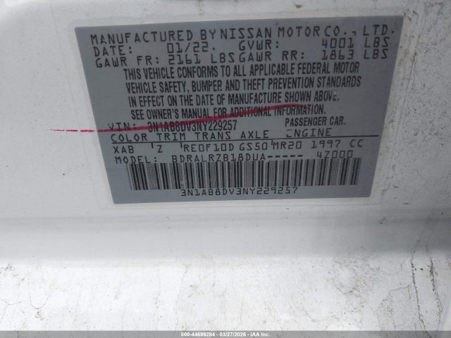 2022 Nissan Sentra Sr Xtronic Cvt მანქანა იყიდება აუქციონზე, vin: 3N1AB8DV3NY229257, აუქციონის ნომერი: 44696284