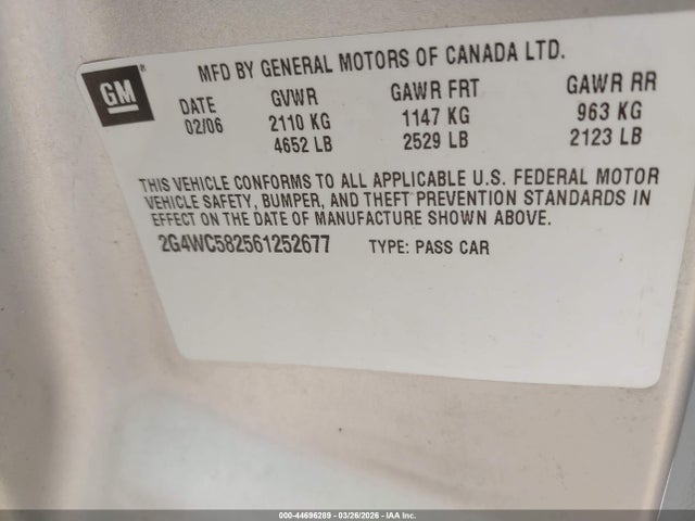 Aukcja sprzedaży 2006 Buick Lacrosse Cx, vin: 2G4WC582561252677, numer aukcji: 44696289