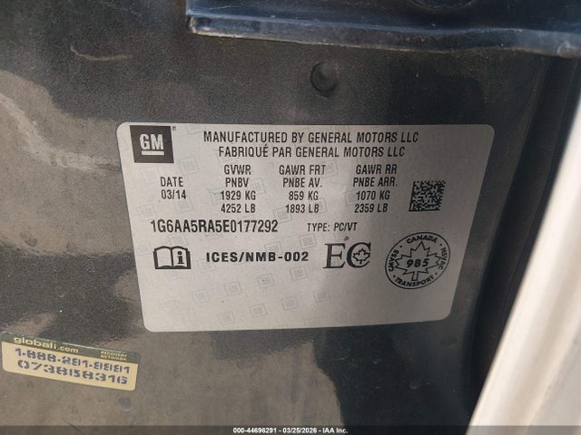 2014 Cadillac Ats Standard მანქანა იყიდება აუქციონზე, vin: 1G6AA5RA5E0177292, აუქციონის ნომერი: 44696291