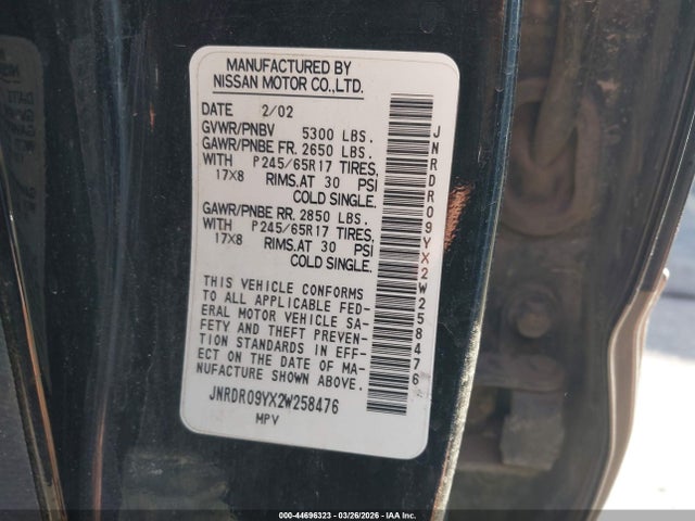 Auction sale of the 2002 Infiniti Qx4 Luxury, vin: JNRDR09YX2W258476, lot number: 44696323