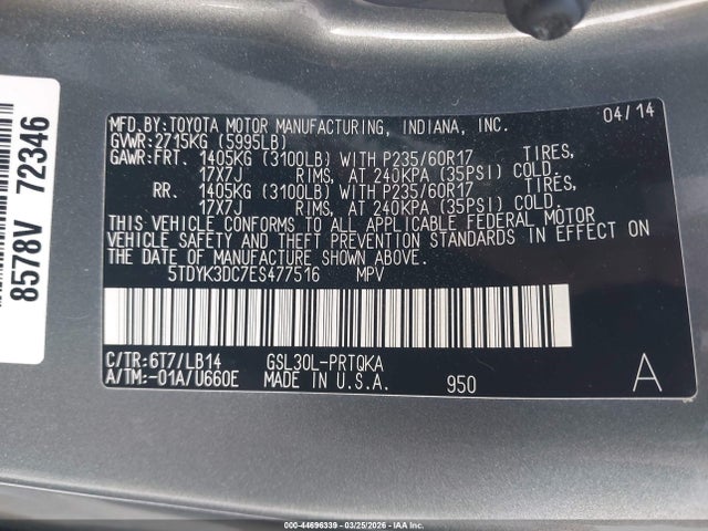 Aukcja sprzedaży 2014 Toyota Sienna Xle V6 8 Passenger, vin: 5TDYK3DC7ES477516, numer aukcji: 44696339