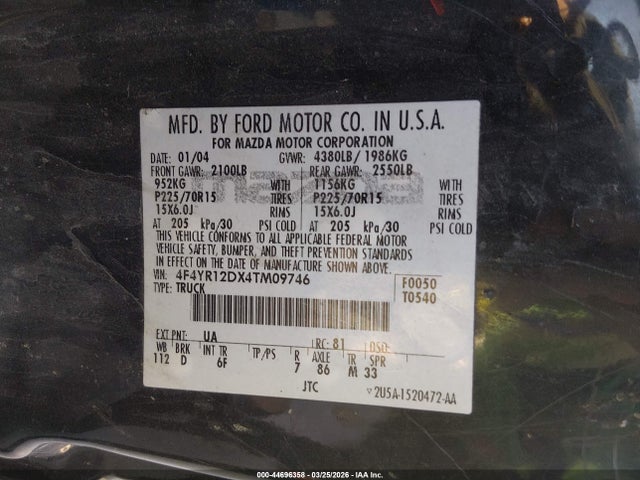 2004 Mazda B2300 მანქანა იყიდება აუქციონზე, vin: 4F4YR12DX4TM09746, აუქციონის ნომერი: 44696358