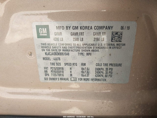 44696362 :رقم المزاد ، KL4CJASB3KB951048 vin ، 2019 Buick Encore Fwd Preferred مزاد بيع