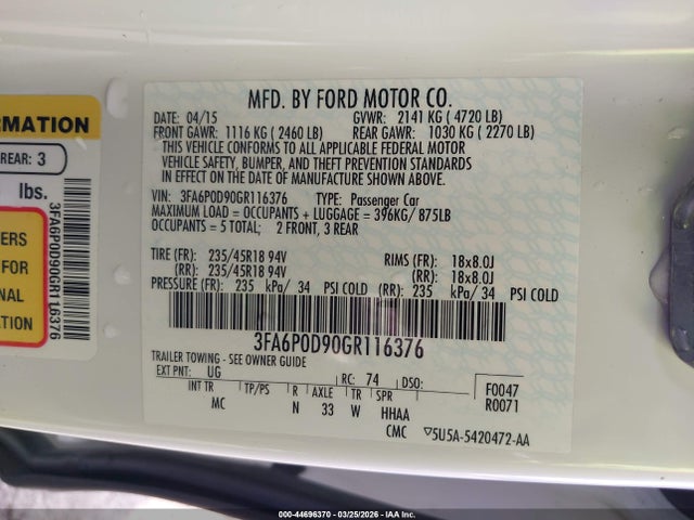Ford Fusion Titanium 2016 3FA6P0D90GR116376 Image 9