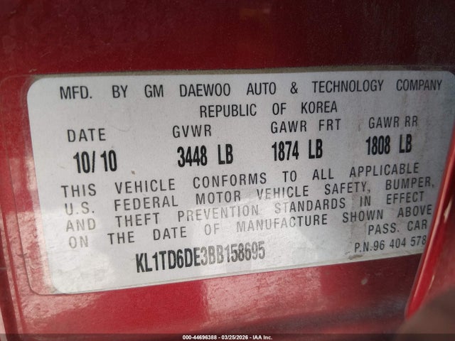2011 CHEVROLET AVEO KL1TD6DE3BB158695 Photo 8