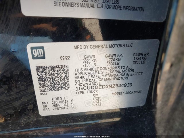 44696442 :رقم المزاد ، 1GCUDDED3NZ644930 vin ، 2022 Chevrolet Silverado 1500 4wd  Standard Bed Lt مزاد بيع