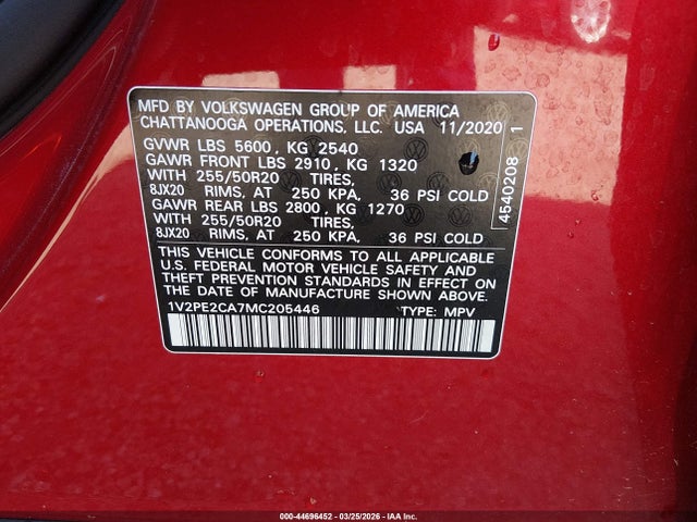 44696452 :رقم المزاد ، 1V2PE2CA7MC205446 vin ، 2021 Volkswagen Atlas Cross Sport 3.6l V6 Se W/technology R-line مزاد بيع