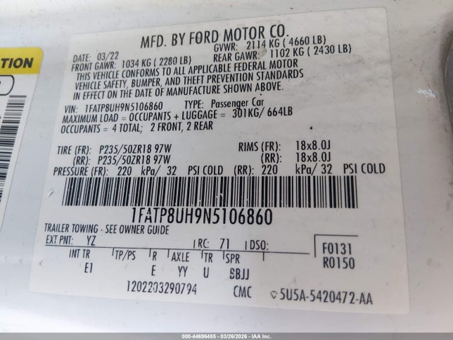 Продажа на аукционе авто 2022 Ford Mustang Ecoboost Premium, vin: 1FATP8UH9N5106860, номер лота: 44696455