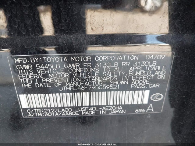 Aukcja sprzedaży 2009 Lexus Ls 460, vin: JTHBL46F795089521, numer aukcji: 44696470