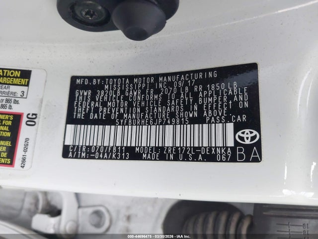 5YFBURHE6JP749815 Toyota COROLLA LE