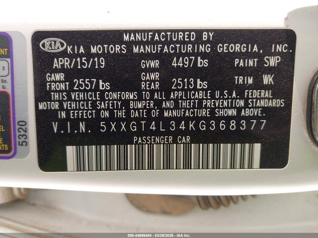 2019 Kia Optima S მანქანა იყიდება აუქციონზე, vin: 5XXGT4L34KG368377, აუქციონის ნომერი: 44696480