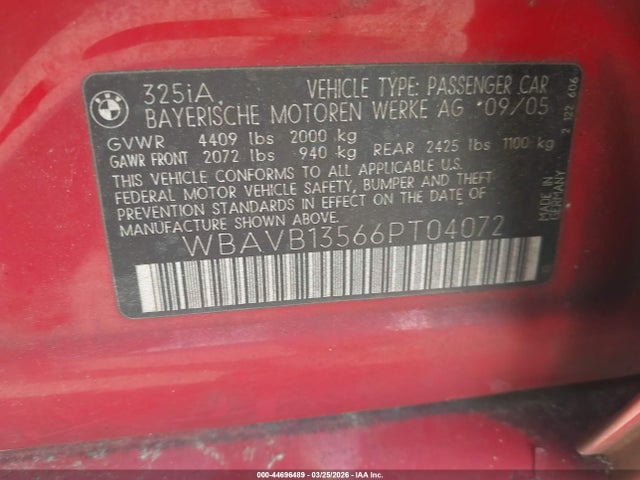 44696489 :رقم المزاد ، WBAVB13566PT04072 vin ، 2006 Bmw 325i مزاد بيع