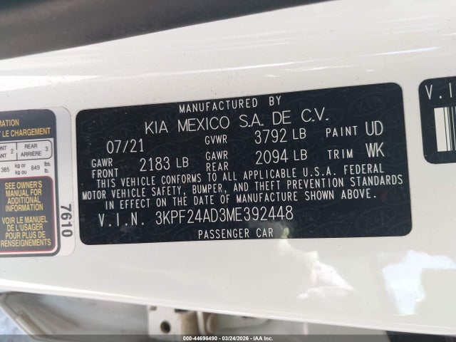 Продажа на аукционе авто 2021 Kia Forte Lxs, vin: 3KPF24AD3ME392448, номер лота: 44696490
