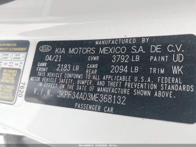 2021 Kia Forte Gt-line მანქანა იყიდება აუქციონზე, vin: 3KPF34AD3ME368132, აუქციონის ნომერი: 44696518