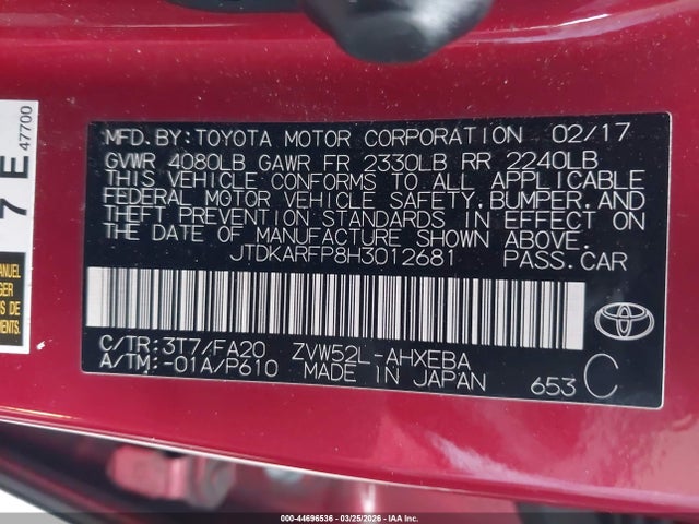 Продаж на аукціоні авто 2017 Toyota Prius Prime Plus, vin: JTDKARFP8H3012681, номер лоту: 44696536