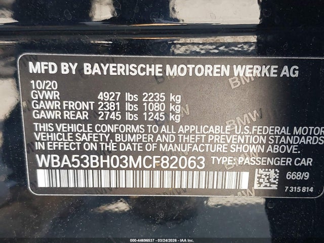 Aukcja sprzedaży 2021 Bmw 530i, vin: WBA53BH03MCF82063, numer aukcji: 44696537