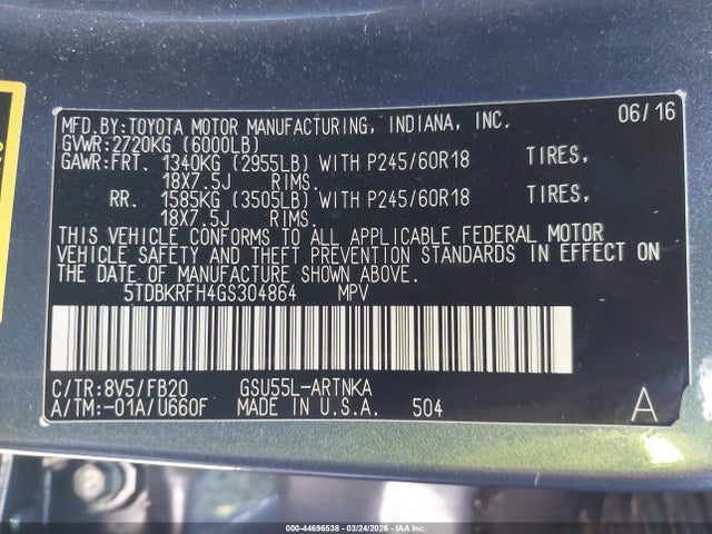 2016 TOYOTA HIGHLANDER 5TDBKRFH4GS304864 Photo 8