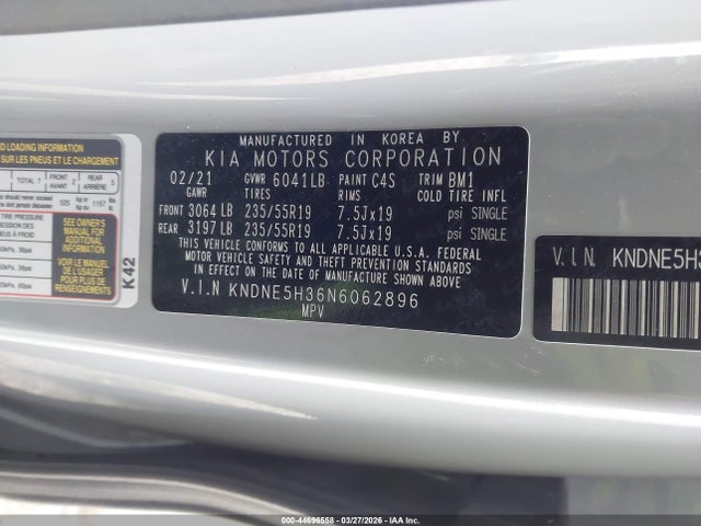 Aukcja sprzedaży 2022 Kia Carnival Mpv Sx Prestige, vin: KNDNE5H36N6062896, numer aukcji: 44696558