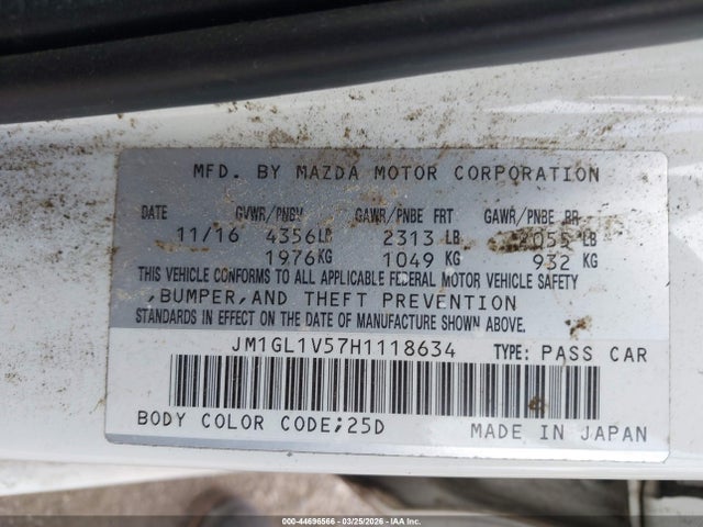 Продажа на аукционе авто 2017 Mazda Mazda6 Touring, vin: JM1GL1V57H1118634, номер лота: 44696566