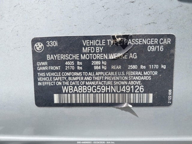 Aukcja sprzedaży 2017 Bmw 330i, vin: WBA8B9G59HNU49126, numer aukcji: 44696583
