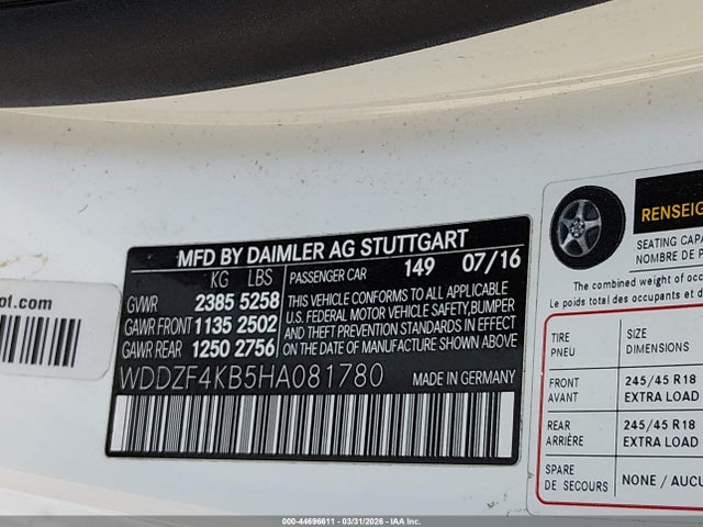 Aukcja sprzedaży 2017 Mercedes-benz E 300 4matic, vin: WDDZF4KB5HA081780, numer aukcji: 44696611
