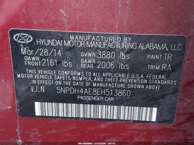 Продаж на аукціоні авто 2014 Hyundai Elantra Se, vin: 5NPDH4AE8EH513860, номер лоту: 44696665