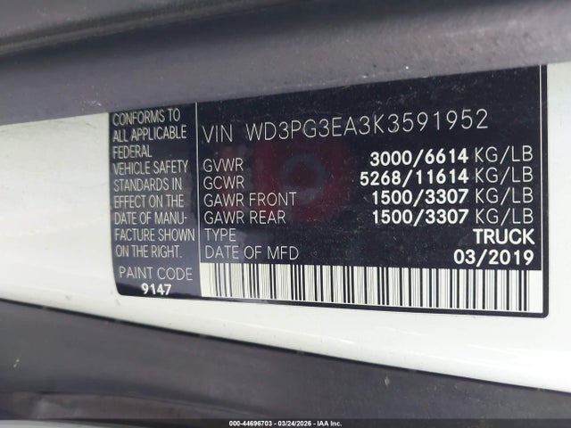 Aukcja sprzedaży 2019 Mercedes-benz Metris, vin: WD3PG3EA3K3591952, numer aukcji: 44696703