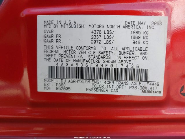 2009 MITSUBISHI GALANT 4A3AB36F99E017436 Photo 8