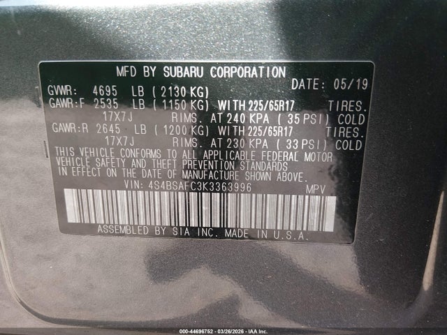 Aukcja sprzedaży 2019 Subaru Outback 2.5i Premium, vin: 4S4BSAFC3K3363996, numer aukcji: 44696752